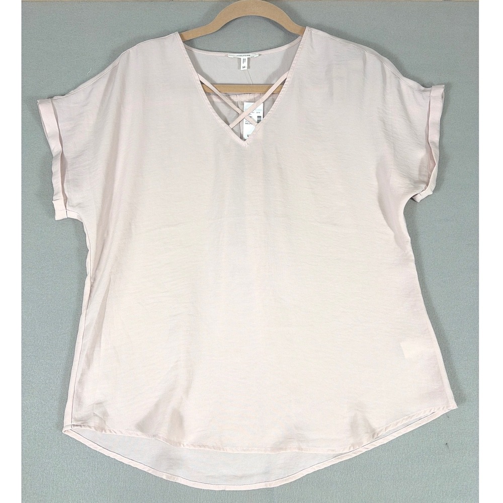 Maurices Women Blush Pink Crisscross V-Neck Cuffed Short Sleeve Blouse Sz M NEW